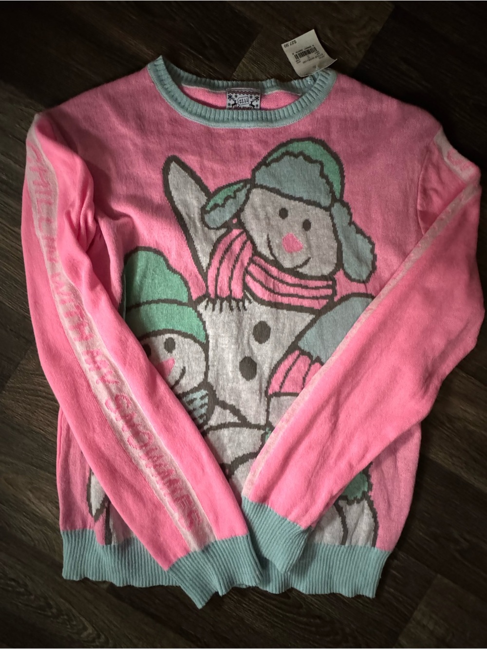 Pink Snowman Crewneck Sweater with Mint Trim